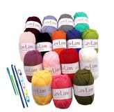 LovLim Haakgarenset, 16 zachte katoenen garenstrengen, 1000 meter, voor haken en breien, gratis haak- en amigurumi-patronen, Craft DK garen perfecte starterskit