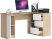 BDW, Bureau d'angle à droite, 3 tiroirs, 4 étagères, Chêne Sonoma / Blanc