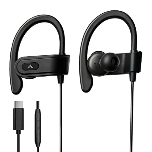 Avantree C171 - Bedrade USB C oordopjes en microfoon voor sport en hardlopen met over-ear haken en in-line volumeregeling, compatibel met Type C smartphones