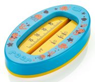 reer Babybadthermometer, ovaal, kinderveilige badthermometer, optimale badtemperatuur voor de badkuip, kwikvrij, hoog meetbereik, overzichtelijke schaal, blauw