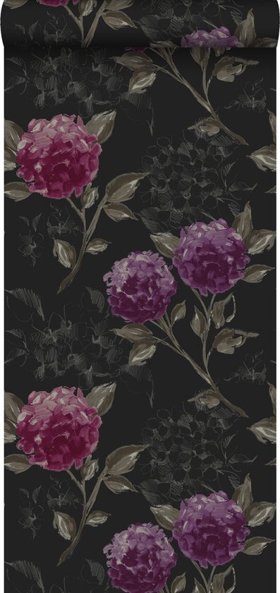 Esta Home behang hortensia's zwart en aubergine paars - 128025 - 53 cm x 10,05 m
