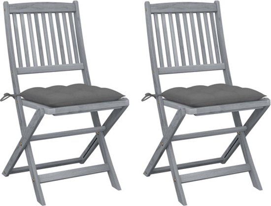 vidaXL Set van 2 klapstoelen met kussens, massief acaciahout, grijs