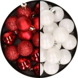 Merkloos / Sans marque Billiet - Vanlaere Kerstballen 36x stuks - 3 en 4 cm - rood en wit - kunststof