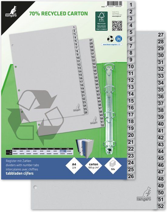 Kangaro Tabbladen A4 Cijfers 1-52 - ECO Karton 180 grams - 4-gaats - K452C