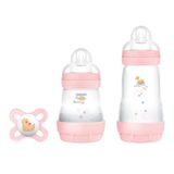 MAM Babyflessenset met 2 anti-koliekflessen Easy Start 130 ml en 260 ml en fopspeen Original Start, vermindert luchtbellen en het risico op koliek, babyaccessoires met siliconen speen, roze