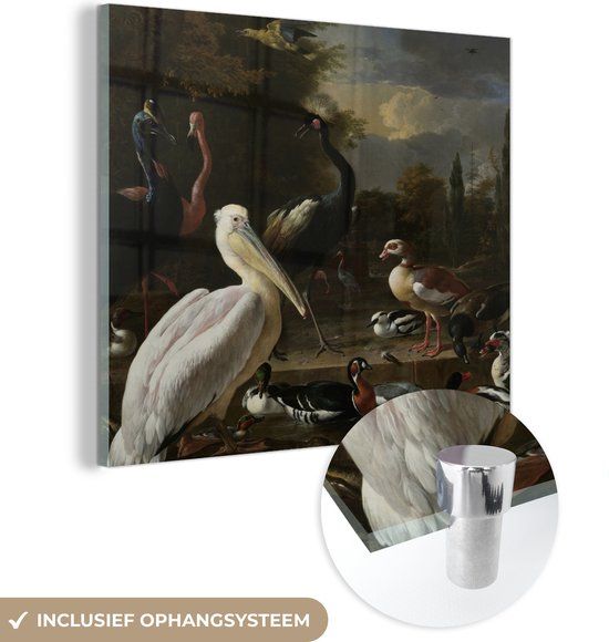 MuchoWow® Glass Painting 50x50 cm - Pelican and Other Birds by a Water Basin - Melchior d'Hondecoeter - Acrylic Glass Painting