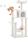 Feandrea Krabboom voor Katten, Hoogte 143 cm, Speeltoren met 4 Krabpalen, 2 Plateaus, 1 Holletje, 1 Hangmat, 2 Pompons, Bekleed met Pluche, Meerlaags