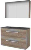 Basic-Line Comfort 46 Badkamermeubelset - 100 x 46 cm - Met Grepen - 2 Lades - Hardstenen Wastafel - 1 Kraangat - Spiegelkast - Scotch Oak