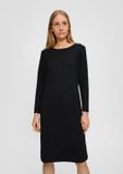 s.Oliver Dames Midi Jurk met Structuurpatroon Zwart Lange Mouw Ronde Hals Effen Polyester 36