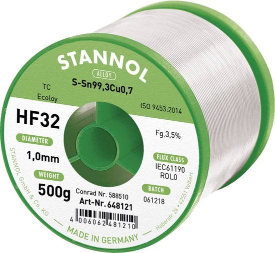 Stannol HF32 3500 Soldeertin, loodvrij Spoel Sn99,3Cu0,7 REL0 500 g 1 mm