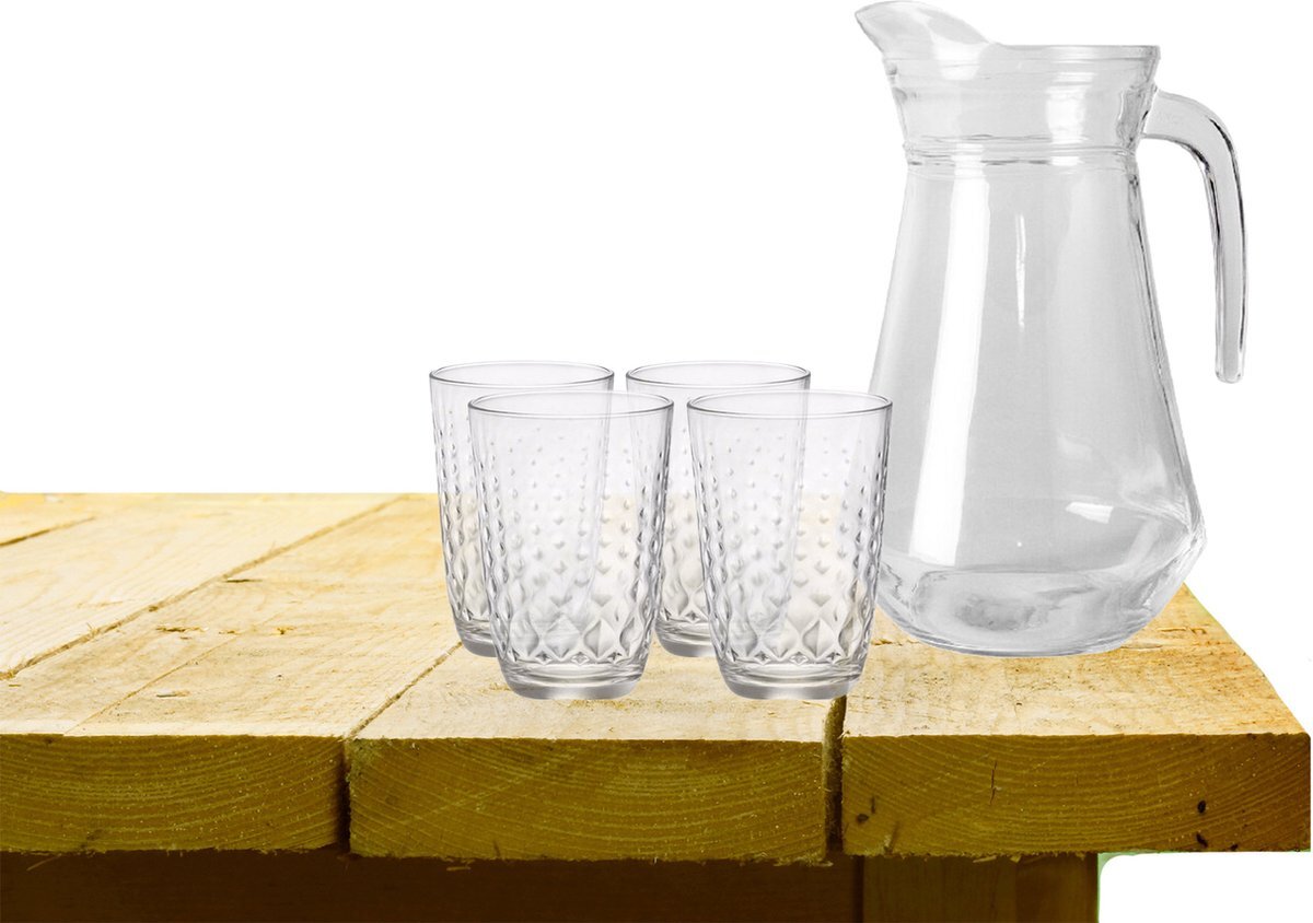 Excellent houseware water karaf schenkkan glas 1000 ml met 6x drinkglazen 390 ml