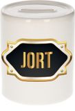 Bellatio Decorations Shoppartners Bv Spaarpot met voornaam Jort - wit - met goud/zwart embleem - 8 x 9 cm - keramiek - met afsluitdop - cadeau verjaardag