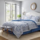 Laura Ashley Luxe ultrazacht dekbed, alle seizoenen premium beddengoedset, stijlvol delicaat ontwerp voor huisdecoratie, katoen, China blauw, queensize