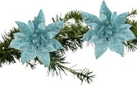 Cosy & Trendy Decoratie bloem - 2x stuks - kerstster - op clip - blauw - glitter - 15 cm - kunststof - kerstversiering