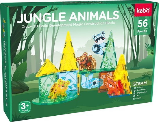 KEBO magnetisch speelgoed - magnetic tiles - magnetische tegels - magnetische bouwstenen - constructie speelgoed - montessori speelgoed - jungle dieren 56pcs - KBDW-56SL