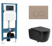 QeramiQ Dely Swirl Toiletset - Hangend toilet - Inbouwreservoir - Zonder spoelrand - Diepspoel - PK - Dual flush - Inclusief deksel: Nee - Soft-close - Afklikbare zitting - Keramiek - Standaard diepte - Taupe bedieningsplaat - Mat zwart