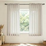 Beige linnen gordijnen voor kleine ramen 111 cm lengte 2 panelen roedezak jute katoen look kort lichtgewicht stijlvol klassiek accent gordijn voor keuken badkamer kelder industriële boerderij decor