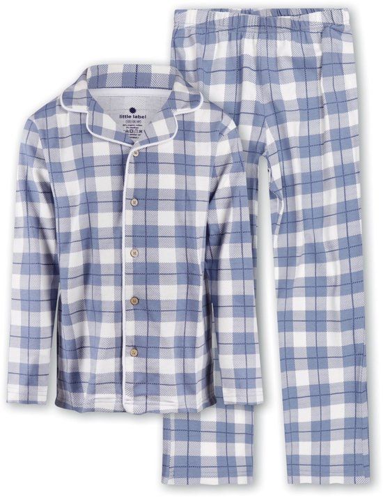 Little Label - Klassieke Jongens Pyjama Grote Blauwe Ruit 8Y/122-128 - Zachte BIO Katoen