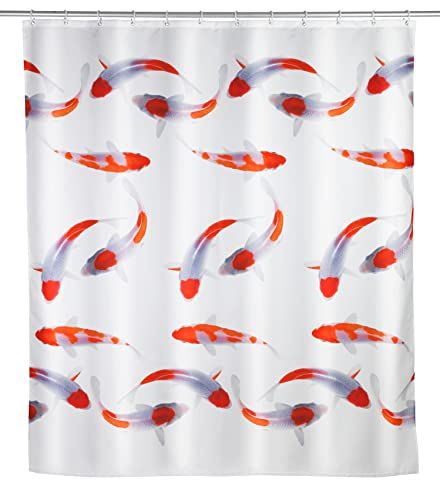 WENKO Douchegordijn Nagoya, 180 × 200 cm, waterafstotend & wasbaar, incl. 12 witte douchegordijnringen