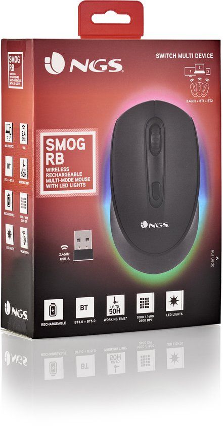 NGS SMOG-RB - Oplaadbare Draadloze Multi-Apparaat Muis met LED-Verlichting, Bluetooth 3.0/5.0 Technologie, 2.4 Ghz, 10m Bereik, 50 uur Batterijlevensduur, Zwart