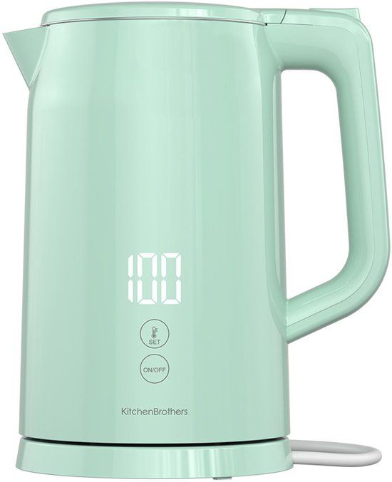 KitchenBrothers Waterkoker - 1.7L - Met Temperatuurregeling - PFAS- & BPA-vrij - Warmhoudfunctie - Display - Dubbelwandig - 2200W - Pastelgroen