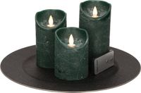 Plateau à bougies rond noir en plastique D33 cm avec 3 bougies LED vertes 10/12,5/15 cm - Décoration de table