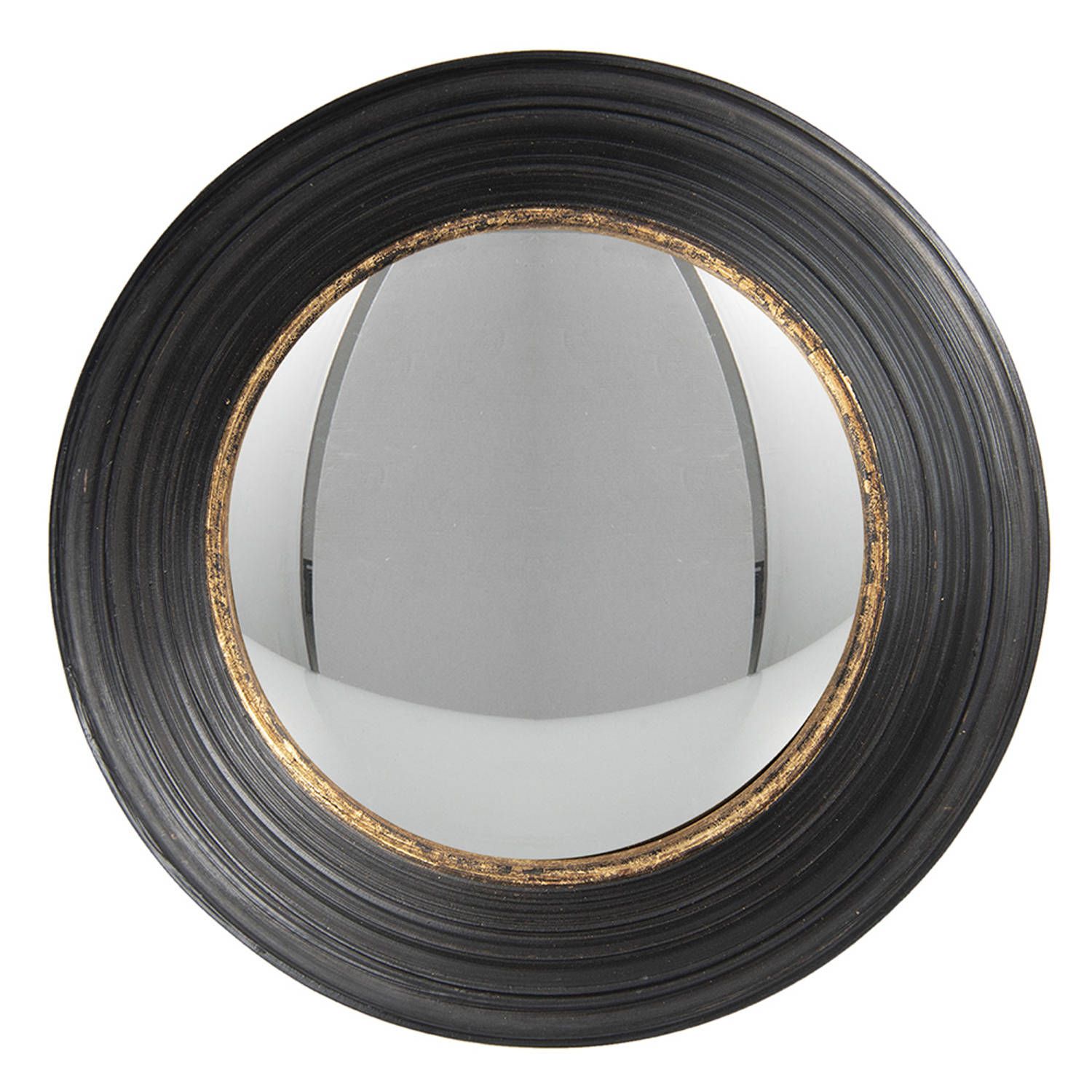 Clayre & Eef Wandspiegel - ø 34 cm - Zwart - Kunstleer - Rond