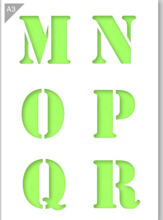 QBIX Lettersjabloon - M N O P Q R - Kunststof A3 stencil - Kindvriendelijk sjabloon geschikt voor graffiti, airbrush, schilderen, muren, meubilair, taarten en andere doeleinden
