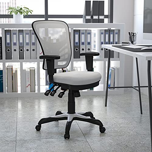Flash Furniture Witte multifunctionele ergonomische draaiende directiebureaustoel met middelhoge rugleuning van gaas en verstelbare armleuningen