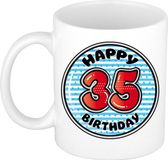 Bellatio Decorations Verjaardag cadeau mok - 35 jaar - blauw - gestreept - 300 ml - keramiek