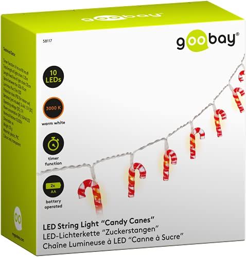 Goobay 58117 Lichtsnoer - 10 LED lampjes - Snoepstokken - Kerstverlichting - Warm wit licht - Timer - Rood/Wit
