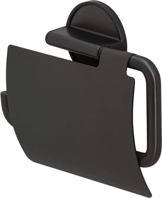 Tiger Tune - Toiletrolhouder met klep - Zwart metaal geborsteld / Zwart - Zelfklevend