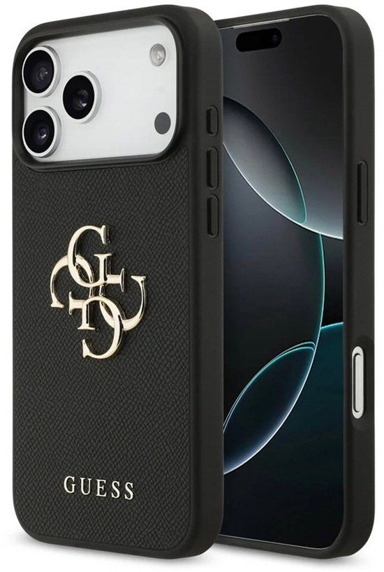 Guess Back Cover - iPhone 17 Pro - Zwart - Saffiano-textuur - Goud Logo