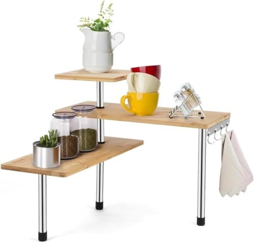 Avilia Bamboo Corner Shelf with 3 Shelves and Steel Frame, Multifunctional Spice Rack with Hooks