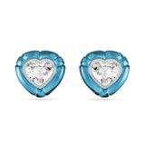 Swarovski Dulcis Clip-oorbellen, blauw kristal in kussenformaat versierd met een wit hart en omgeven door kleurloze pavé, pop-art design, gerhodineerd metaal