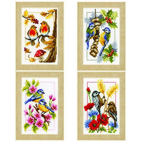 VERVACO Borduurpakket Kruissteek KleinSEIZOENEN SET VAN 4 Handwerkpakket voor Wanddecoratie 8 x 12 cm Borduurwerk met Telpatroon DIY Kit Moderne Kruissteek Cadeau Knutselen Voor Volwassenen