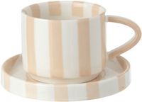 J-Line Kopje en schotel Gestreept - steengoed - lichtbeige/wit - 4 stuks