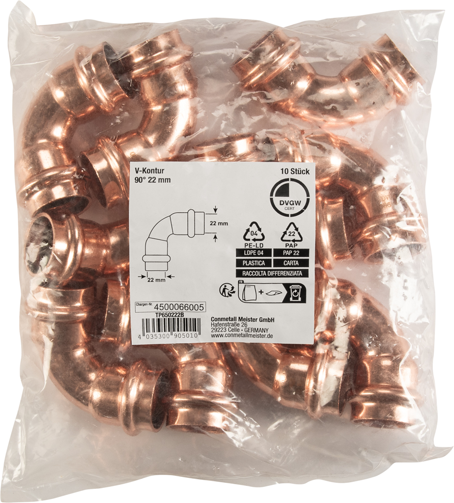 Cornat Perskoppeling Boog 90Gr 22Mm 10St - TP650222B