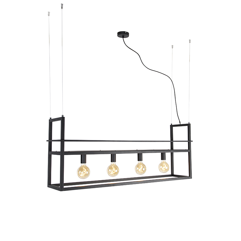 QAZQA IndustriÃ«le hanglamp zwart met rek 118 cm 4-lichts - Cage Rack