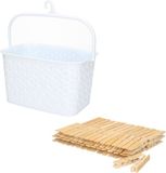 Merkloos / Sans marque Plastic Forte Wasknijpersmandje met ophanghaak - wit - en 60x houten wasknijpers 7 cm - was ophangen