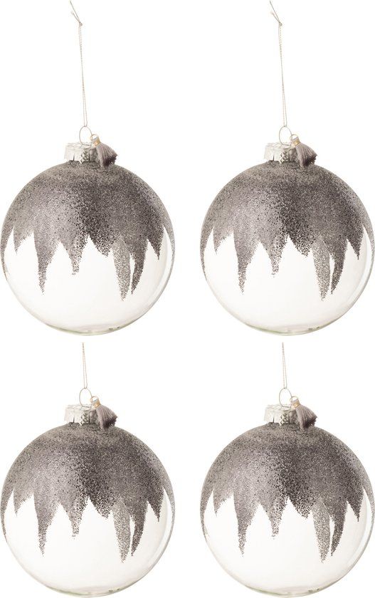 {"int": null, "string": "J-Line"} J-Line - Set of 4 Christmas Balls - Glitter Mini Tassel - Grey Glass Transparent - 28 cm