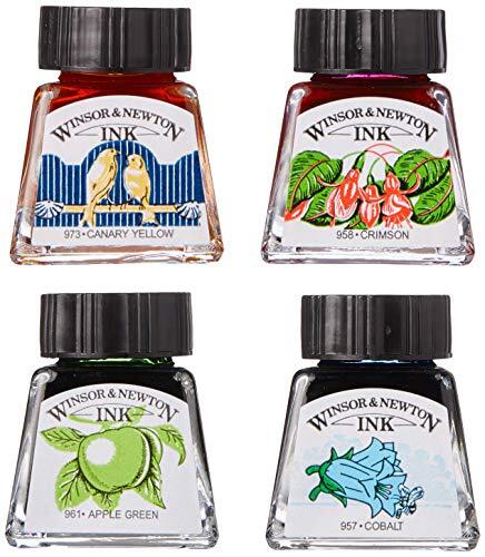 Winsor & Newton 1110030 kalligrafie inkt (voor vulpen of schrijfveren, onderling mengbaar, lichtecht, bestendige kleur) 30 ml fles matzwart Zeichentusche - Set Kobaltblauw, appelgroen, kanariegeel, karmozijnrood