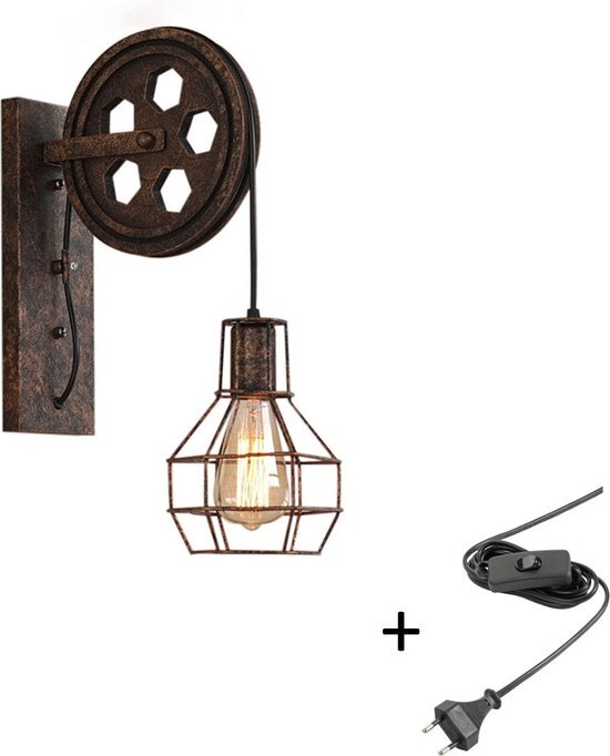 Wandlamp Industriële met Stekker & Schakelaar | Katrol lamp vintage | Wandlampen | Lamp industrieel | Muurlamp Binnen | Wandverlichting metaal hout | Wandverlichting voor Binnen| Loft | Vintage katrollamp | Industrieel | E27 Fitting