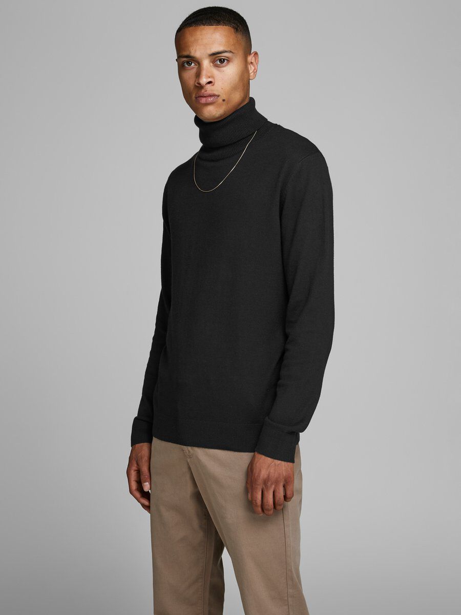JACK & JONES ESSENTIALS fijngebreide coltrui JJEEMIL black - S - Zwart