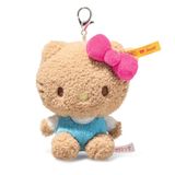 Steiff Hello Kitty hanger 10 cm, pluche sleutelhanger met karabijnhaak, Hello Kitty met jurk blauw-wit, tashanger & cadeau-idee, machinewasbaar