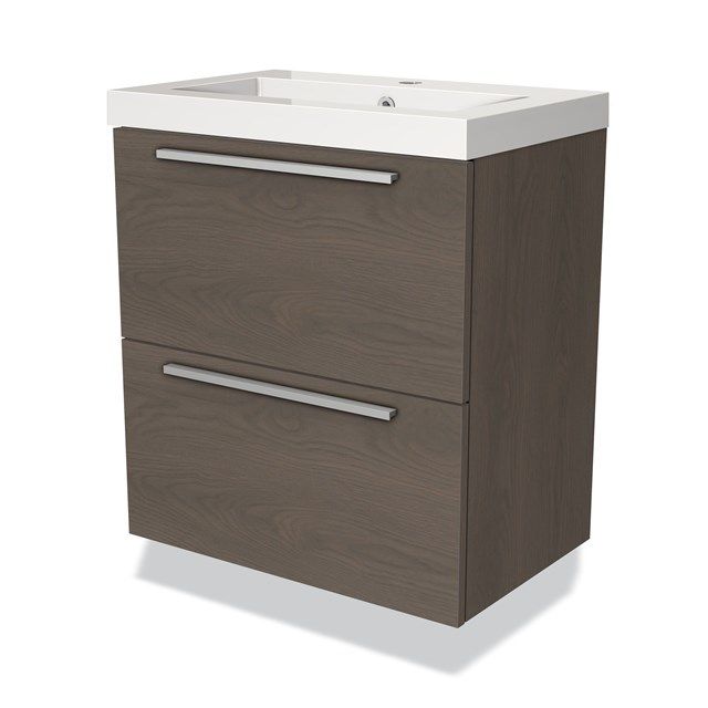 Maxaro Badkamermeubel 60cm Modulo Slim Donkerbruin Eiken 2 Lades Vlak Wastafel Mineraalmarmer