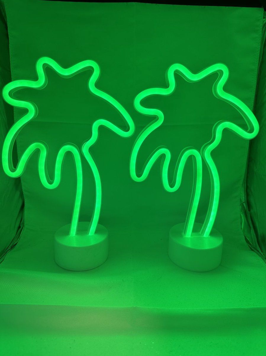 Impuls LED palmboom met neon licht - Set van 2 stuks - groen neon licht - hoogte 29.5 x 20 x 8.5 cm - Tafellamp - Nachtlamp - Decoratieve verlichting - Woonaccessoires