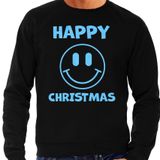 Bellatio Decorations Pull de Noël moche pour hommes - Happy Christmas - noir - bleu pailleté - Smile / Emoticon L