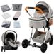 Poussette - Poussette combinée 3-en-1 - Siège auto pour bébé - Unité de siège réversible - Pliage à une main - Roues suspendues - Convient jusqu'à 20 kg - Gris clair