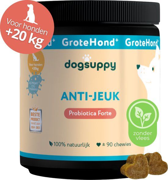 Dogsuppy GroteHond⁺ Anti-Jeuk - Zonder vlees - 100% natuurlijk - 90 grote snoepjes - Bij Gevoelige Huid, Krabben, Poten likken en Allergieën - Ondersteunt Gezonde Darmflora, Rustige Huid & Natuurlijke Balans - Voor Grote Honden +20kg
